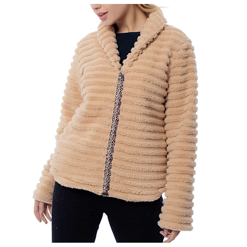 Amazon hot  Womens Solid color Outwear Stripe Full Zipper Leopard Printing Sherpa Fleece Jacket Coat