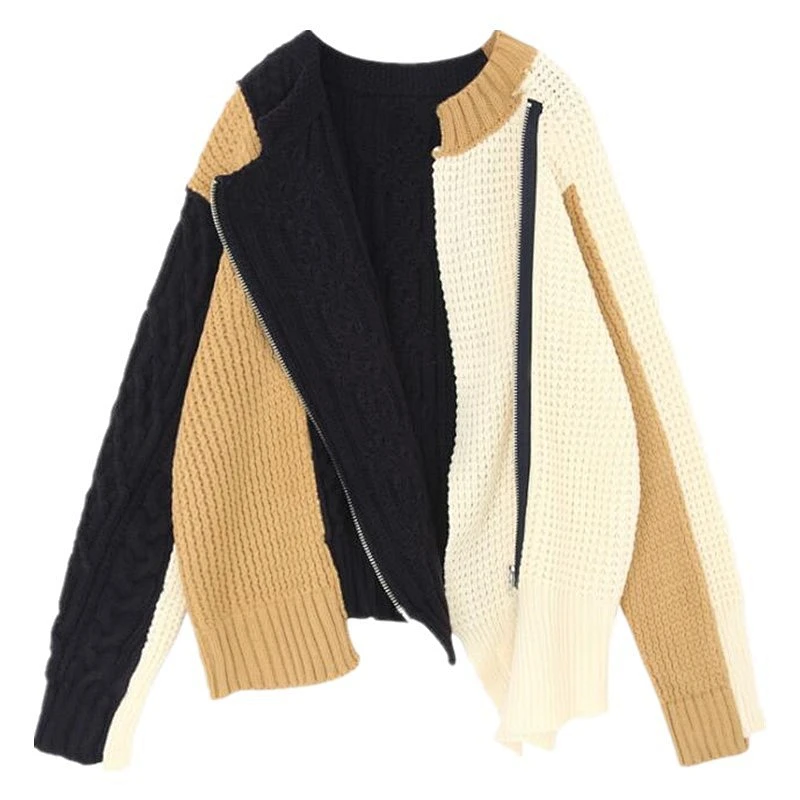 Factory Direct Women's Winter Patchwork Knitwear outwear zip-up crew neck Knitted Sweater Coat