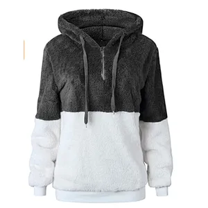 Women's Quarter Zipper Patchwork Sherpa Sweatshirt Pullover, Fuzzy Fleece Winter Casual Plus Size Hooded Outwear Coats