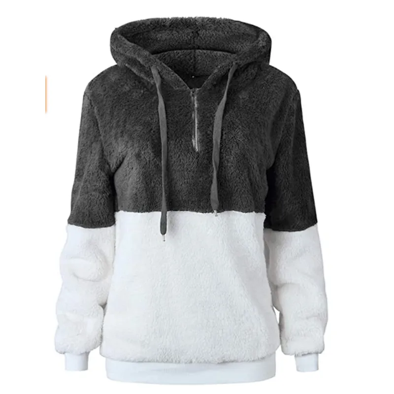 Women's Quarter Zipper Patchwork Sherpa Sweatshirt Pullover, Fuzzy Fleece Winter Casual Plus Size Hooded Outwear Coats