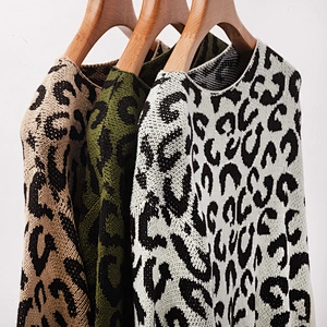 Fancy Stylish Women pullover jumper Long sleeve Striped Hem White Leopard Knit Sweater