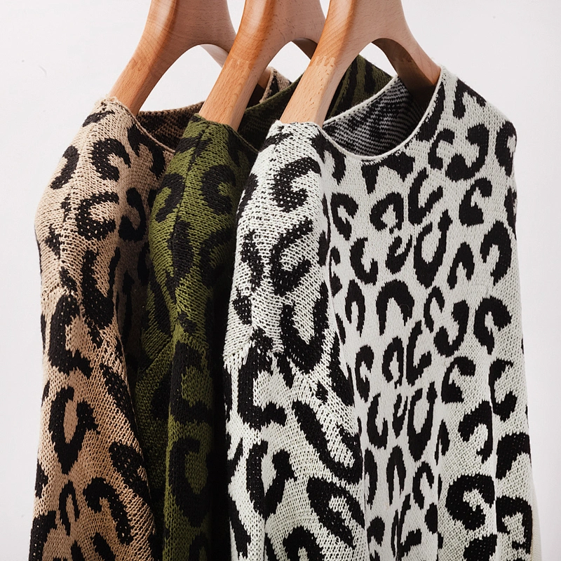 Fancy Stylish Women pullover jumper Long sleeve Striped Hem White Leopard Knit Sweater