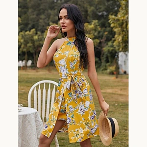 2021 New Floral Print Belted Halter Dress