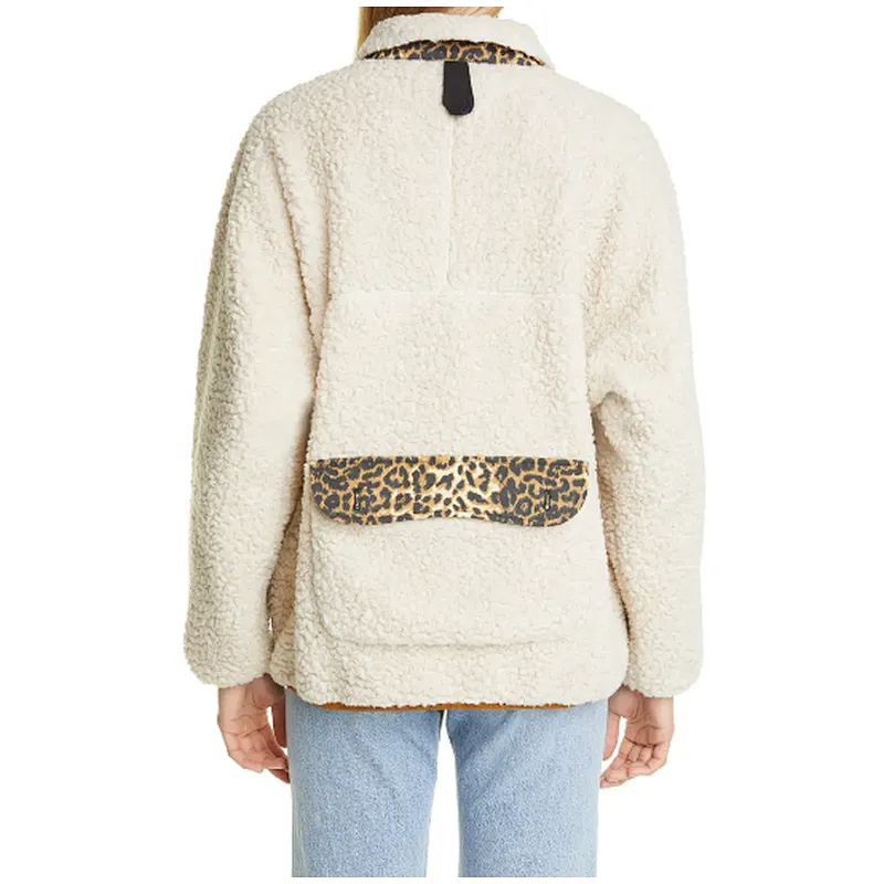 Lady Fashion Winter Warm Teddy Coat Full Button Leopard Trim Sherpa fleece Jacket