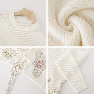 Custom Logo Lady Fashion Vintage Style Loose Knitting Pullover Jumper Lace Beading Knitted Sweater Tops