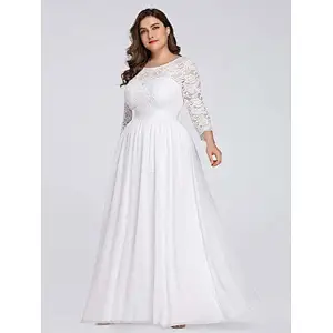 Factory Hot Selling Simple Plus Size Lace Evening Dress with Long Sleeves Party Dress