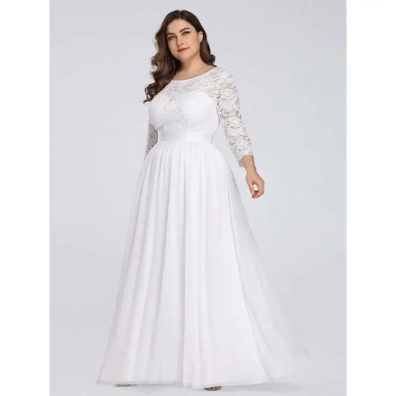 Factory Hot Selling Simple Plus Size Lace Evening Dress with Long Sleeves Party Dress