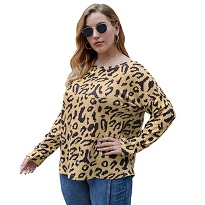 Amazon Top Selling  Women Plus Size Leopard Print Sweater Tops Long Sleeve Pullover Blouse