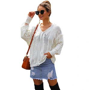 Factory Direct Women's Knitted Pullover Tops V-neck tassel lace Patchwork loose White knit sweater