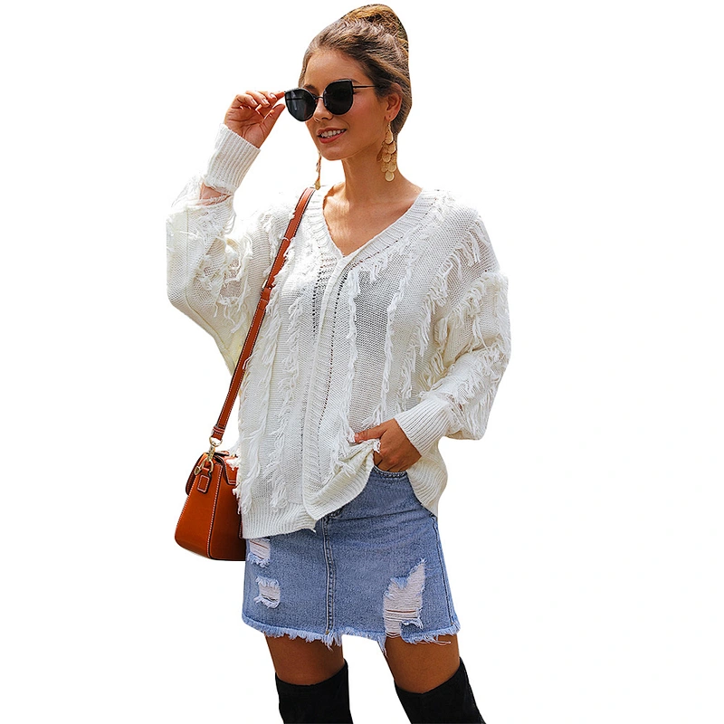Factory Direct Women's Knitted Pullover Tops V-neck tassel lace Patchwork loose White knit sweater