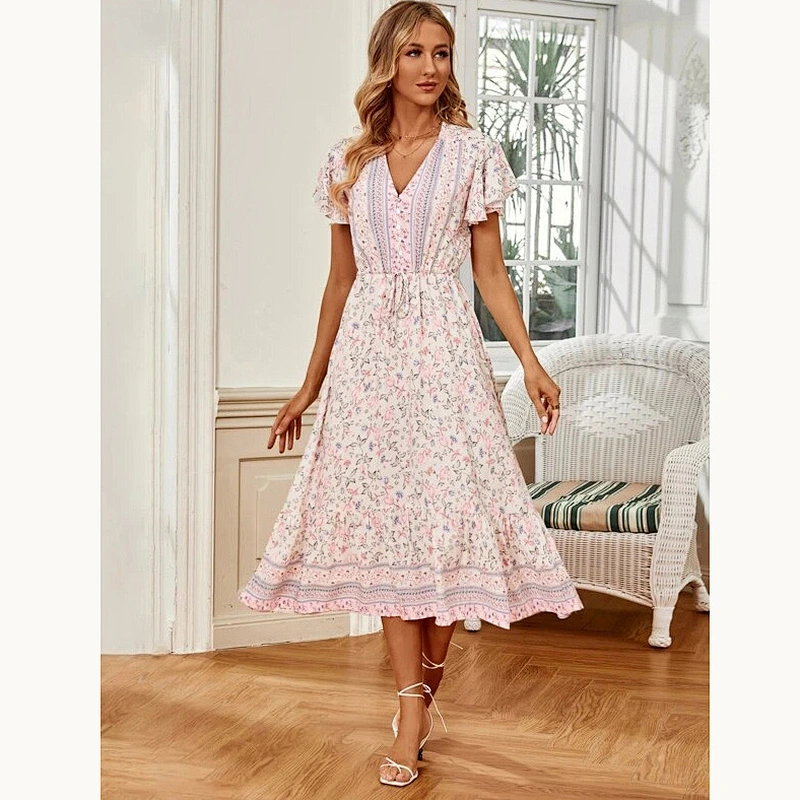 New Arrival Ditsy Floral Print Ruffle Hem Drawstring Waist Dress