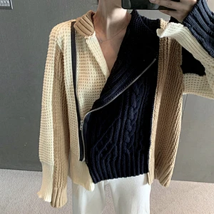 Factory Direct Women's Winter Patchwork Knitwear outwear zip-up crew neck Knitted Sweater Coat