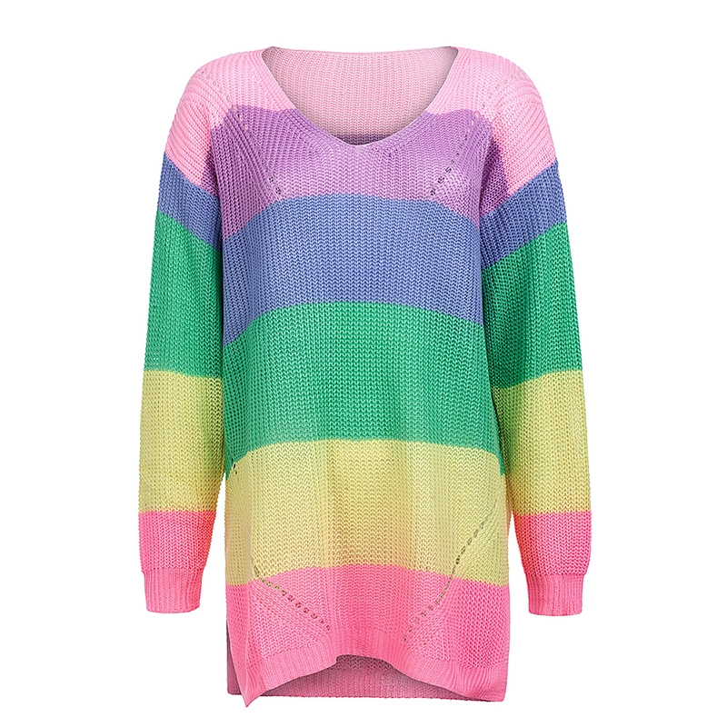 2019 Autumn Side Slit Sweater Horizontal Colorful Stripe Oversize Knit Sweater Women