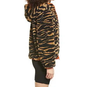 Custom Logo Winter Warm Teddy Coat Fax Fur Outwear Full Zipper Zebra Printing Sherpa Fleece Bomber Jacket