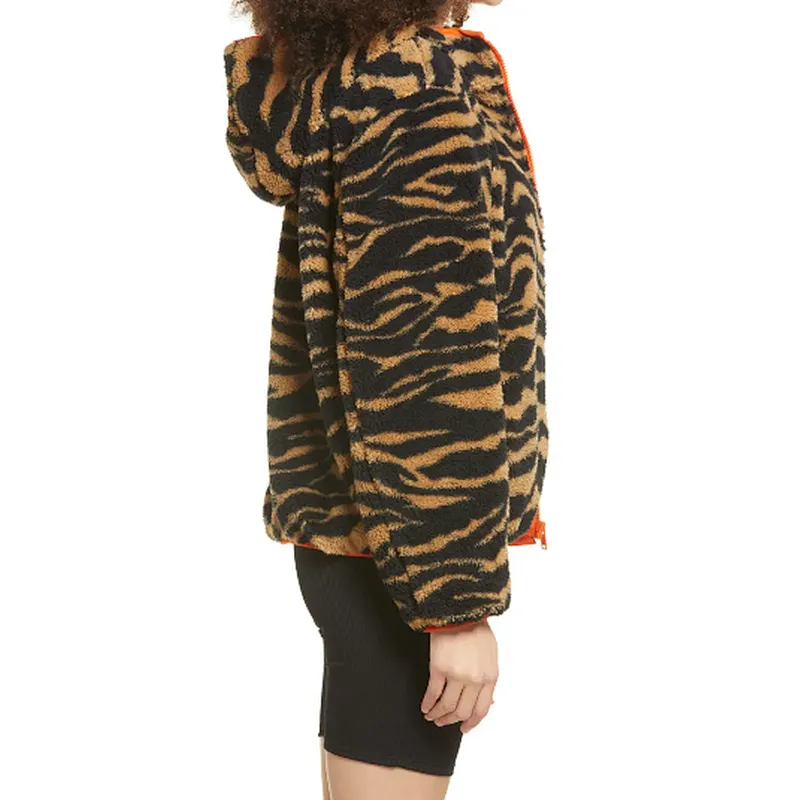 Custom Logo Winter Warm Teddy Coat Fax Fur Outwear Full Zipper Zebra Printing Sherpa Fleece Bomber Jacket