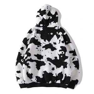 Factory Direct Kangaroo Pocket Wool Lamb Hooded Sweatshirt Cow Printing Sherpa Hoodie Fleece pullover