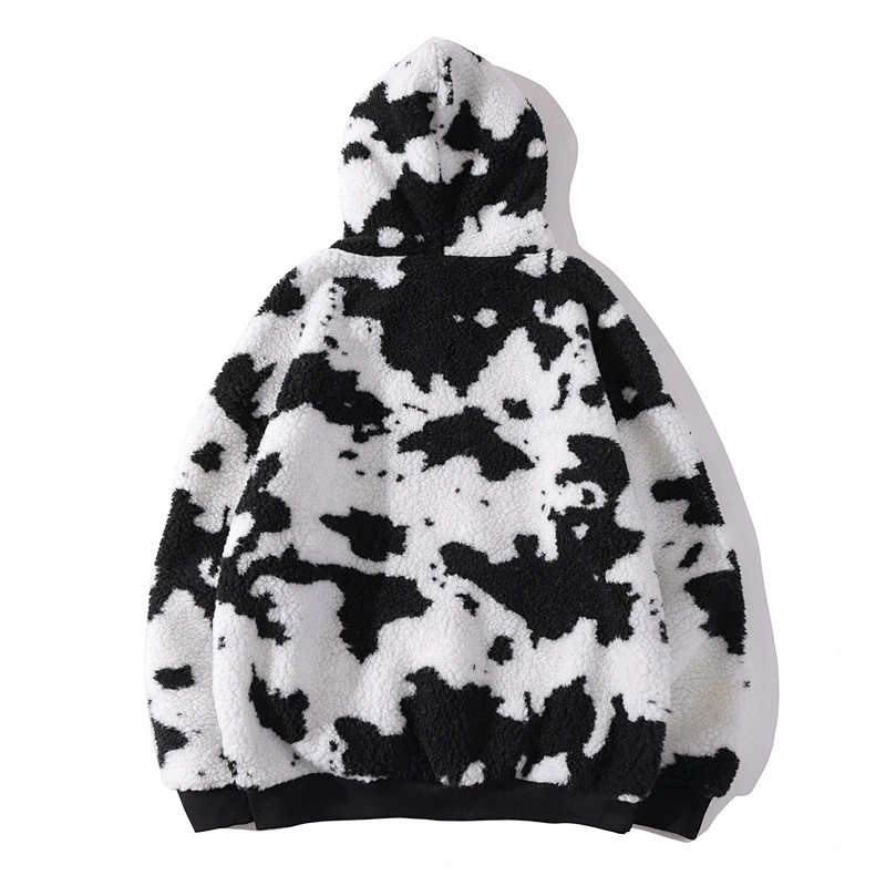Factory Direct Kangaroo Pocket Wool Lamb Hooded Sweatshirt Cow Printing Sherpa Hoodie Fleece pullover