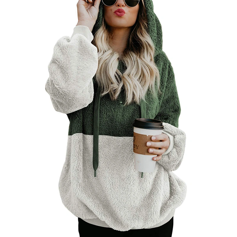 Custom Logo Women's Winter Warm Fuzzy Teddy Coats Quarter Zipper Patchwork Sherpa hoodies