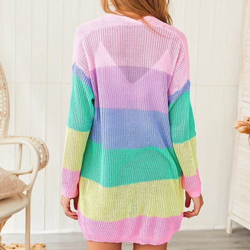 New Fancy Ladies Top Clothing Multicolor Striped Rainbow Long Knitted Sweater Cardigan
