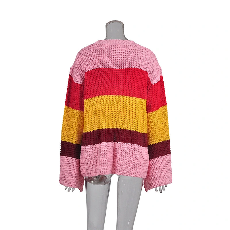 Three-Color Stitching Long-Sleeved Loose Pullover Sweater