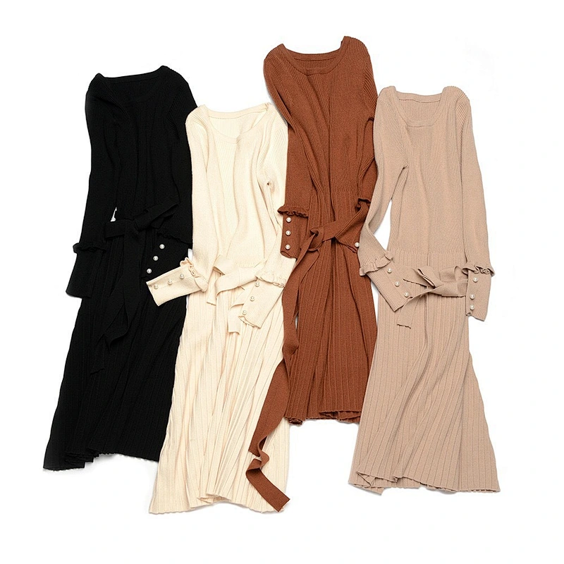 Amazon Hot Womens Long Sweater Dress Crew neck Front Belted Beading Cuff knitted Tunic Sweater Pullover