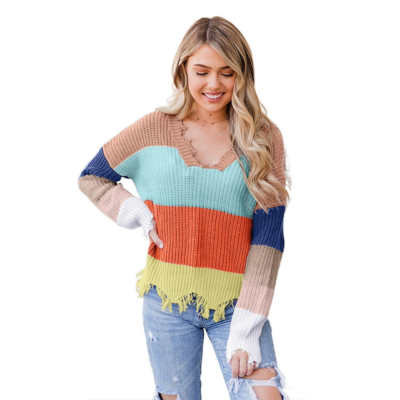 Wholesale High Quality Stylish Multi-Color Striped V neck Irregular Raw Edge Knit Women Sweater