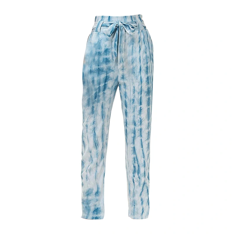 Factory Wholesale Ladies Pants with Belt Casual Elastic Waist Tie Dye Pants High Waist Trousers