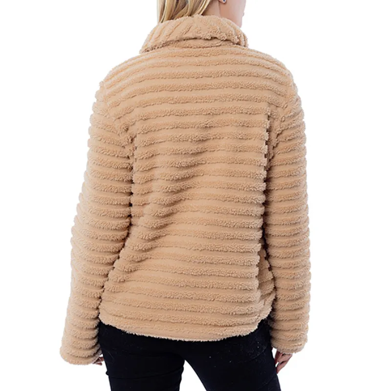 Amazon hot  Womens Solid color Outwear Stripe Full Zipper Leopard Printing Sherpa Fleece Jacket Coat