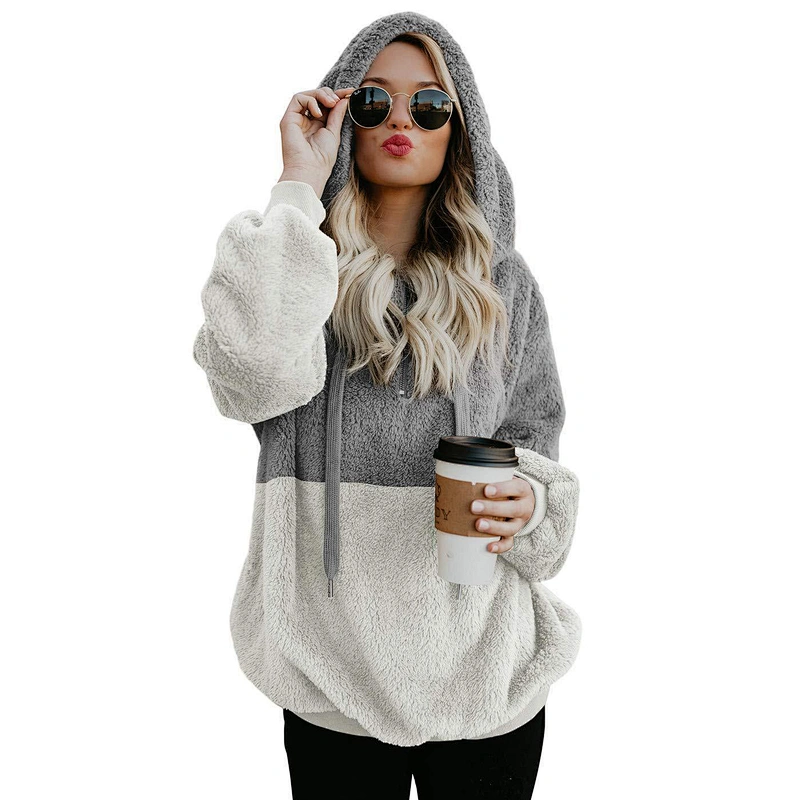 Custom Logo Women's Winter Warm Fuzzy Teddy Coats Quarter Zipper Patchwork Sherpa hoodies