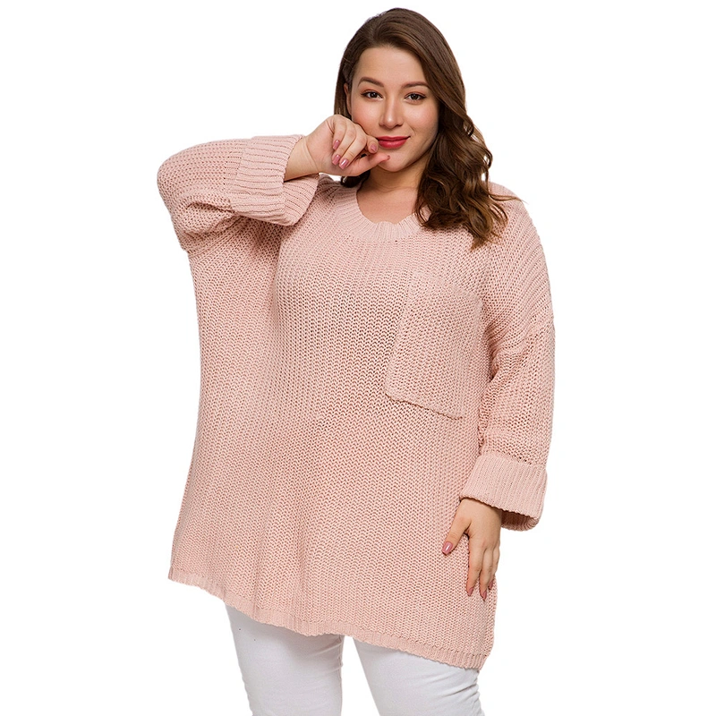 New Fashion Plus Size Pullover Plain Color big Pocket Decorate Oversize Knit Sweater Women