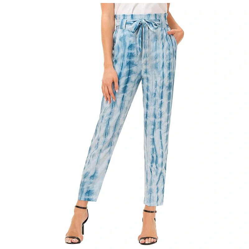 Factory Wholesale Ladies Pants with Belt Casual Elastic Waist Tie Dye Pants High Waist Trousers