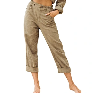 Factory sale Wish and Amazon's new style pure color cotton linen trousers women's fashion loose-waisted slacks