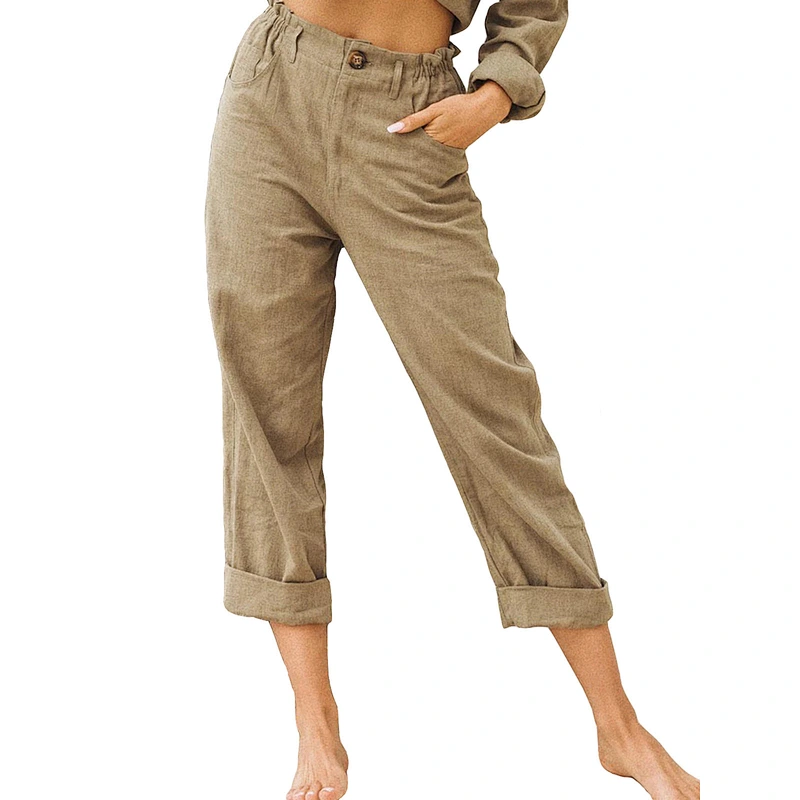 Factory sale Wish and Amazon's new style pure color cotton linen trousers women's fashion loose-waisted slacks