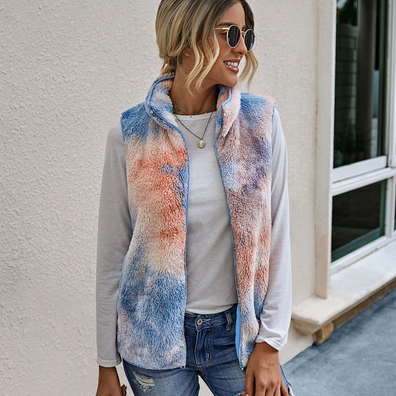 2021 Winter Warm Sleeveless Full Zipper Tie dye Sherpa Fleece Vest