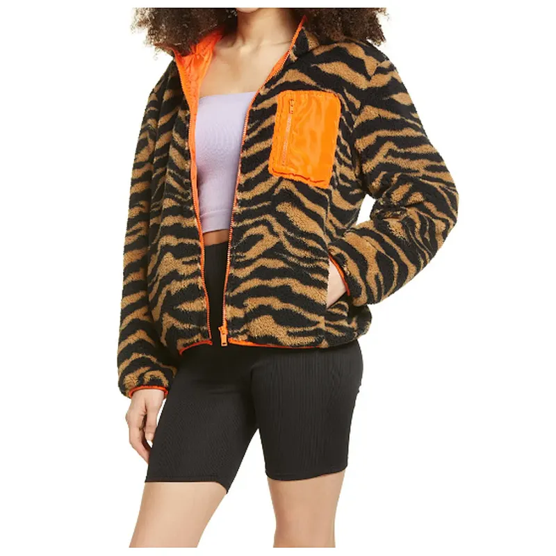 Custom Logo Winter Warm Teddy Coat Fax Fur Outwear Full Zipper Zebra Printing Sherpa Fleece Bomber Jacket