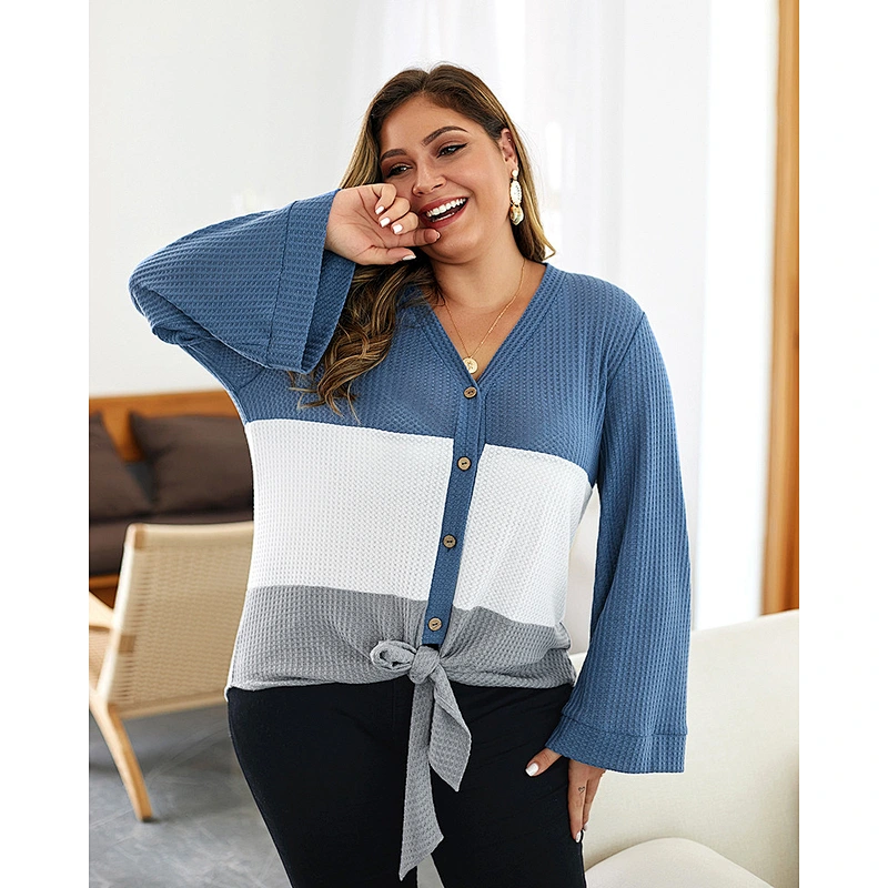 Women Plus Size Pullover Sweaters Ruffle Sleeve Patch work Knitted V- Neck Full Button Warm Sweater Tops