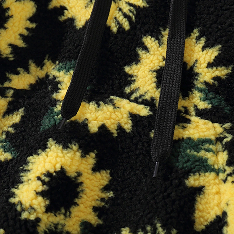 2021 New Arrival Sunflower Printed Lamb Wool Sweatshirt Front Belt Sherpa Fleece Hoodies