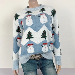 Winter Fashion Ladies Knitting Pullover Snowman Tree Pattern Pink Fuzzy Christmas Sweater