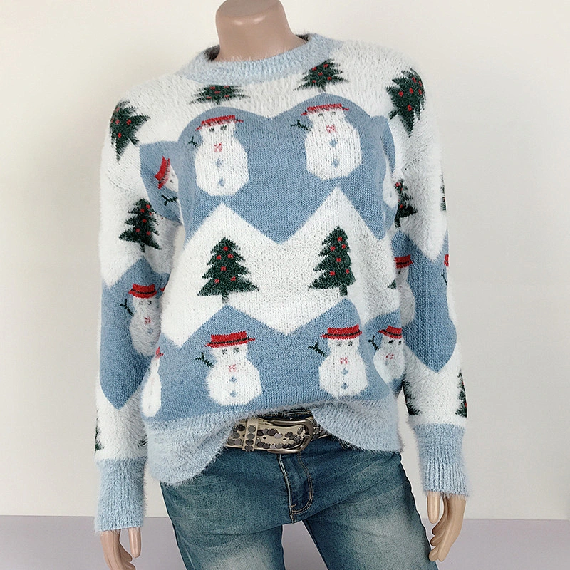 Winter Fashion Ladies Knitting Pullover Snowman Tree Pattern Pink Fuzzy Christmas Sweater