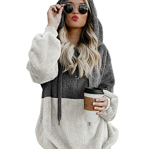 Women's Quarter Zipper Patchwork Sherpa Sweatshirt Pullover, Fuzzy Fleece Winter Casual Plus Size Hooded Outwear Coats