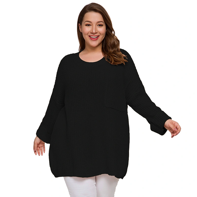 New Fashion Plus Size Pullover Plain Color big Pocket Decorate Oversize Knit Sweater Women