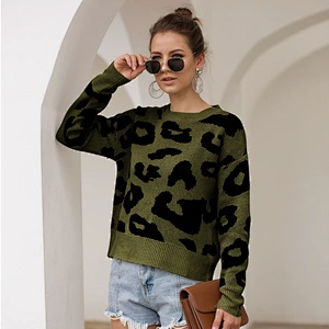 2020 Women's Causal Long Sleeve Crew Neck Leopard Print Knitted Pullover Sweater Tops
