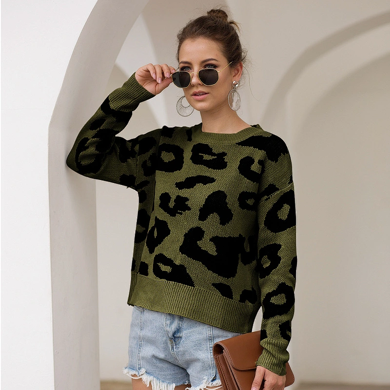 2020 Women's Causal Long Sleeve Crew Neck Leopard Print Knitted Pullover Sweater Tops