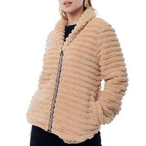Amazon hot  Womens Solid color Outwear Stripe Full Zipper Leopard Printing Sherpa Fleece Jacket Coat