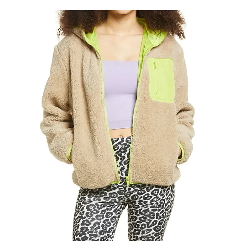 Custom Logo Winter Warm Fax Fur Outwear Full Zipper Solid Color Sherpa Fleece Jacket with Pocket