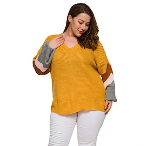 New Women's Knit Jumper V neck long loose 4 color sleeve Bright Color Plus size Sweater