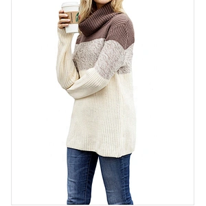 Women Color Blocked Turtleneck Long Sleeve Pullover Sweater