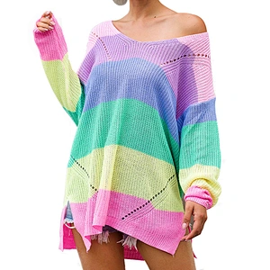 2019 Autumn Side Slit Sweater Horizontal Colorful Stripe Oversize Knit Sweater Women