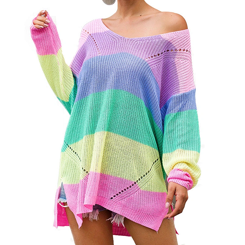 2019 Autumn Side Slit Sweater Horizontal Colorful Stripe Oversize Knit Sweater Women
