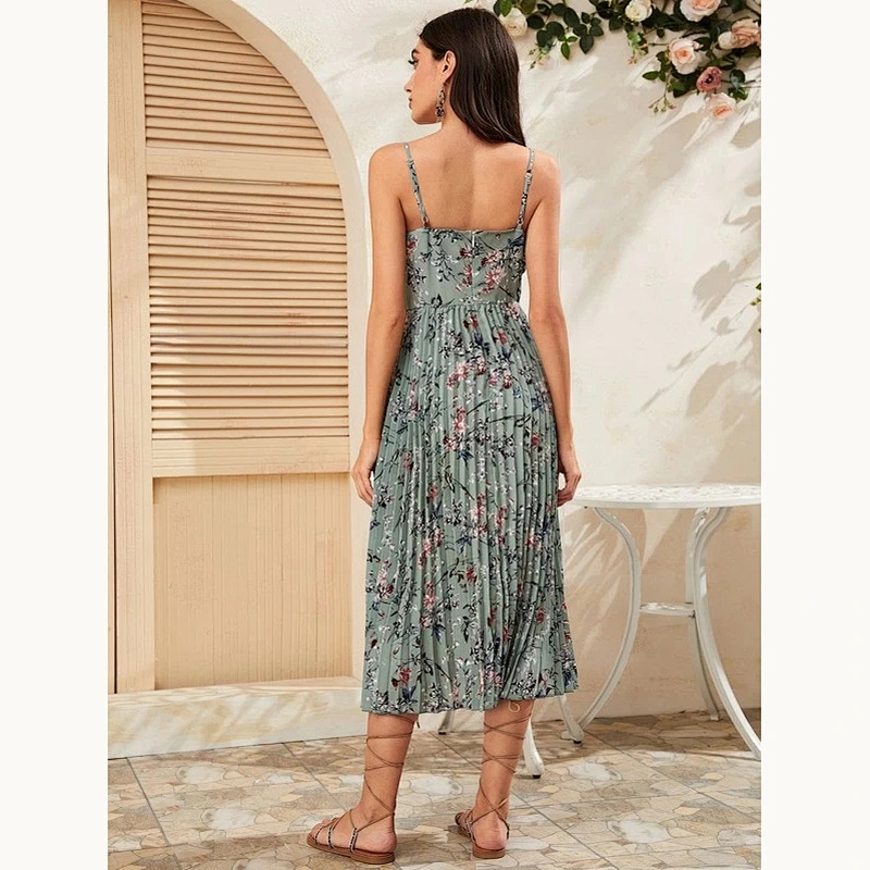 2021 New Floral Print Pleated Slip Dress